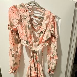 Floral Pink Long Sleeve Maxi Dress with V-Neck